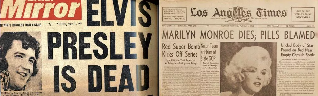 Les unes des journaux annonçant la mort d'Elvis Presley et de Marilyn Monroe